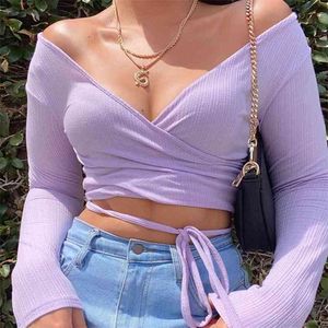 Femmes T-Shirt Doux Violet V-Neck Top Automne Vêtements Bandage Wrap Slim Tops High Street Tricoté Off-the-Shoulder 210522