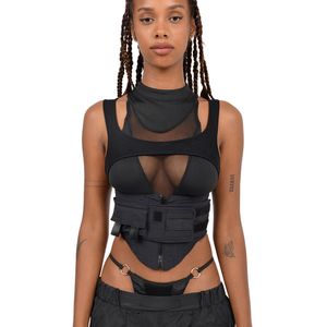 Femmes Tanks Crop Top Fashion Mesh Panel Patch moulé Crewneck Vest Party Clubwear