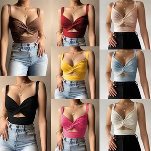 Mujeres Tanques Diseñador Camiseta Slim Sexy Tirante Chaleco Top Ins Kink Lazo elástico Con cuello en v Espalda abierta Pequeño Sling Summer Crop Tops Color sólido 8 colores