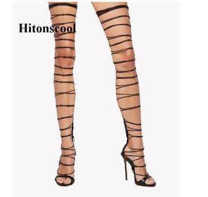 Mujeres muslo tacones altos botas de verano Sexy hueco sobre la rodilla Gladiator Sandals Lace Up Strappy Stiletto Fiesta Show Bombas