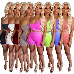 Femmes Survêtements Deux Pièces Ensemble Designer 2023 Nouveau Slant Neck Sans Manches Taille Haute Shorts Casual Sports Set 8 Couleurs