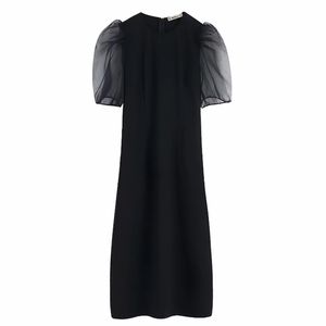 Mujeres transparente organza puff manga patchwork negro midi vestido femenino elegante espalda cremallera split vestidos de fiesta vestidos DS2846 210420