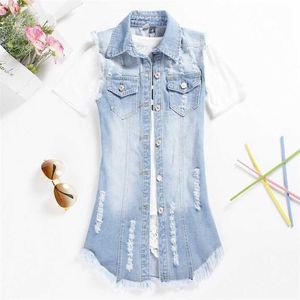 Femmes Gilet Printemps Automne Col rabattu Long Denim/Jean Plus Taille Dames 5XL S Veste sans manches Top 211120