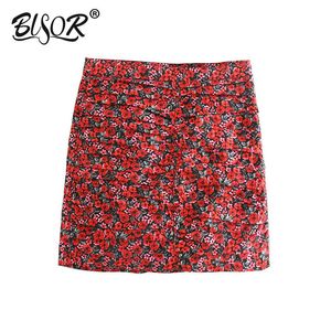 Minifalda vintage con estampado floral para mujer, con cremallera lateral, ropa de calle elegante para mujer, faldas rojas acampanadas elegantes para mujer 210430