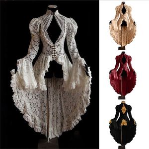Vestido victoriano de encaje Vintage para mujer, manga larga acampanada, gótico, cola larga, plisado, ahuecado, vestidos, vestido Retro de Halloween, Cosplay 220808