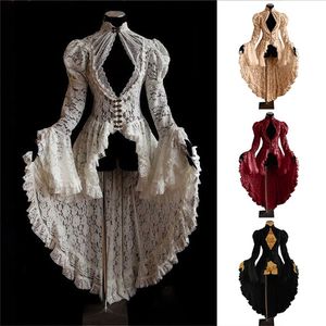 Femmes Vintage Dentelle Robe Victorienne À Manches Longues Flare Gothique Longue Queue Plissée Évider Robes Halloween Rétro Robe Cosplay 220808