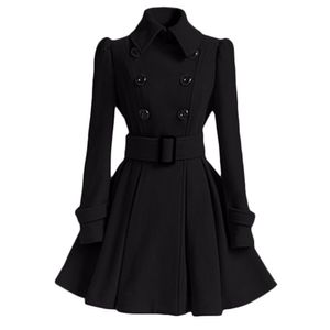 Femmes Vintage Manteau De Laine Hiver Chaud Coupe-Vent Angleterre Mode Noir Swing Hem Ceinture Slim Élégant Rétro Blanc Laine Pardessus 201031