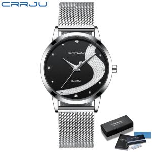 Femmes montre CRRJU haut de gamme marque en acier maille étanche dames montres fleur Quartz femme montre-bracelet charmante fille horloge