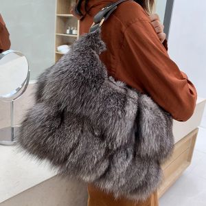 Femmes hiver réel fourrure de renard sac à main de luxe véritable fourrure sac de fête fourre-tout concepteur de haute qualité réel argent fourrure de renard sacs à main femme