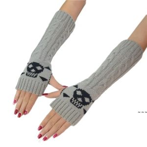 Femmes hiver poignet bras plus chaud crâne tricoté longs gants sans doigts mitaine Halloween gants femmes manches 1010
