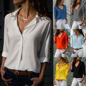 Femmes jaune en mousseline de soie Blouse Sexy automne à manches longues bouton chemise asymétrique femme vêtements de travail chemise Blouse surdimensionné