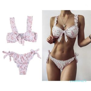 Women039s Traje de bikini estampado floral Traje de baño sexy Nudo de corbata Estampado frontal Ropa de playa Conjunto de traje de baño acolchado