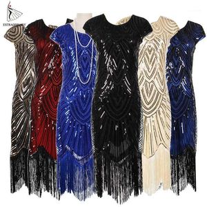 Vestidos casuales Mujeres 1920s Vintage Flapper Gran Gatsby Vestido de fiesta Cuello en V Manga Lentejuelas Flecos Midi Verano Art Deco Embellecido1