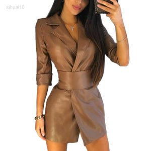 Femmes automne mode revers en cuir Blazer avant robe portefeuille longue veste Trench Coat avec ceinture L220725