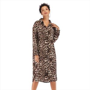 Womens Autumn Leopard Print Dress Fashion Sexy Mid Length To Long Split Shirt