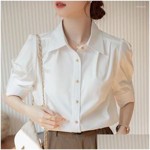 Blousses pour femmes chemises blanches chemises femme chemisier bureau Lady Pink Puff Sleeve and Blous coréen fashion dames tops gouttes livraison dhjsw