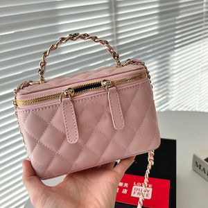 Bolsas de tocador de mano superior clásica de mujer con hardware de metal de oro espejo Matelasse cadena de bolsos de hombro de hombro de la piel blanca blanca rosa cosmética 16x11cm