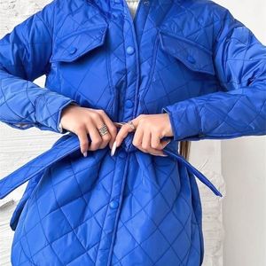 Femmes Down Parkas Veste d'hiver pour femme surdimensionnée Parka bleue vêtement d'extérieur long chaud ample manteau décontracté veste matelassée vintage pour femme avec ceinture 220929