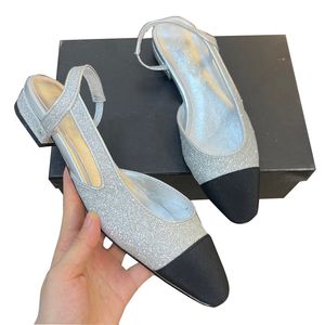 Chaussures Habillées pour Femmes à Talons Bas Chunky Ballerines Slip On Sandales Classique Argent Doré Pailleté Tulle Mocassins Gros-Grain Mariage Chaussure Dames Luxurys Pantoufles