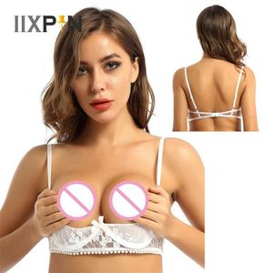 Sujetador de lencería erótica para mujer Top transparente de encaje transparente Tirantes finos ajustables 1/4 tazas Push Up Tops con aros Bras195n