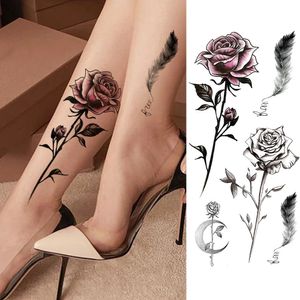 Fleur de la mode pour femmes Tatouages autocollants faux rose plume tatoos décalage imperméable du corps art des jambes bras tatoos pour les femmes 240408