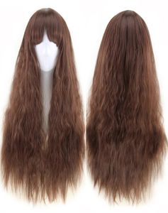 Mode féminine Sexy longs cheveux ondulés résistant à la chaleur perruques de cheveux synthétiques Cosplay fête brun clair naturel noir Peruca Peluca7075405
