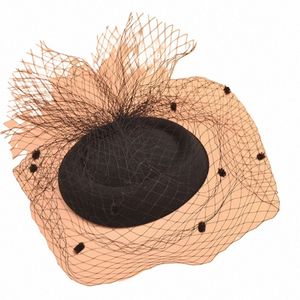 Para mujer Sombrero Fascinator de fieltro Velo de malla Pequeño Punto de onda de felpa Decoración Pinzas para el cabello Boda Nupcial Cóctel Headwear s9KU #