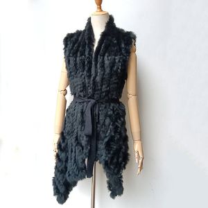 Femmes fausse fourrure femmes rayé tricoté réel lapin Gilet avec ceinture lâche sans manches véritable Gilet femme noir Gilet 230828