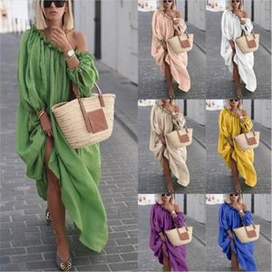 Vestidos casuales agraciados para mujer Tendencia de moda Cuello oblicuo Colores sólidos Faldas largas Diseñador Mujer Oblicuo Hombro Ancho Vestido de color caramelo