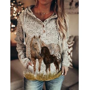 Sweats à capuche pour femmes Sweatshirts Cheval Animal Modèle Impression 3D Lin Motif À Manches Longues À Capuchon Protection Solaire Manteau Chemise Étudiant Fille Top 221010