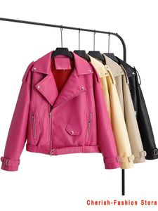 Chaquetas para mujer Otoño Mujer Chaqueta de cuero de imitación Pu Motocicleta Biker Pink Coat Turndown Collar Loose Streetwear Black Punk Outerwear 230222