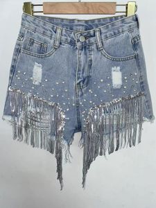 Femmes Jeans Taille Perles Gland Denim Shorts Été Perles Large Jambe Mince Surdimensionné S5xl Taille Coréen Streetwear Femmes Vêtements 230530