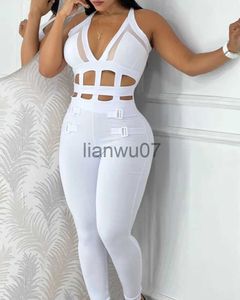 Femmes Combinaisons Barboteuses 2023 Été Femmes Évider Halter Boucle Contraste Mesh Combinaison Sexy Slim Fit Sans Manches Blanc Une Pièce Combinaison Femme Rop J230629