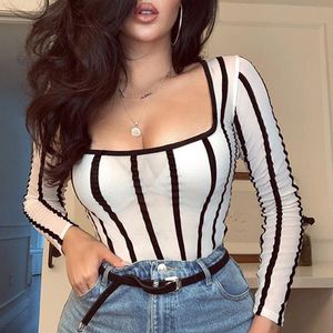 Combinaisons pour femmes Barboteuses High Street White Scoop Neck Mesh Sheer Striped Long Sleeve Women Body Fishnet Top Fashion Seethrough Outfits 230321