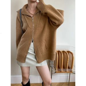 Womens Knits Tees Double Zipper Fit Loose Polos Collared Oversized Knitted Cardigan Sweater 231113