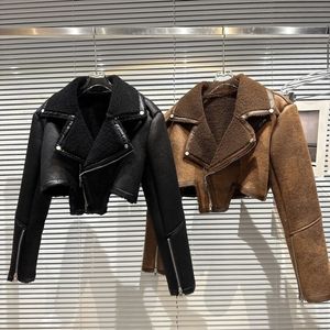 Femmes cuir Faux PREPOMP hiver arrivée à manches longues laine d'agneau manteau de fourrure col rabattu veste courte femmes GG977 230131