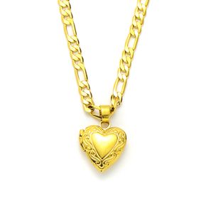 Womens Lines Heart Pendant 14k Solid Yellow Gold GF Italian Figaro Link Chain Necklace 24