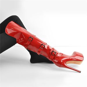 Botas altas hasta la rodilla con cremallera lateral y tacón de aguja para mujer, botas largas rojas de charol con tacón alto de 16CM, para invierno