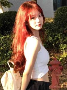 Top rouge à framboise pour femmes longs cheveux droits avec une frange complète couvre-tête d'été naturelle à haute température Perruque en soie