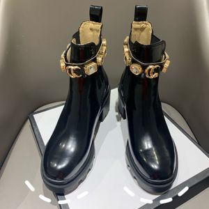 Botines de punta redonda para mujer de cuero genuino con diamantes de imitación y diamantes de imitación, zapatos de tacón grueso con abeja bordada en negro