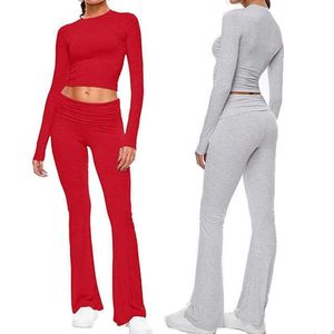 Ensembles pour femmes t-shirt court et pantalon évasé taille basse offre spéciale ensemble de quatre pièces en spandex costume de yoga de sport