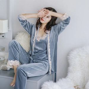 Costume trois pièces en tissu velours pour femmes, pyjama Sexy en dentelle, vêtements de nuit de luxe pour la maison, automne hiver, 240226