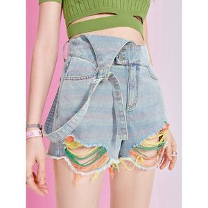 Shorts pour femmes American Sweet and Sexy Girls One Shoulder Strap Pants Summer Raw Edge Design Taille haute avec jeans perforés 230620