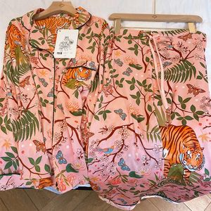 Womens Sleepwear Cute Print Women Pajamas Sets Autumn Long Sleeve Silk Pink Pijama Mujer Female Nightsuit Satin Home Clothes 230414