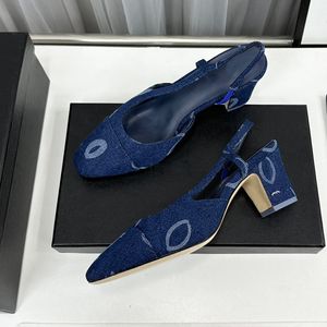 Femmes Slingbacks Chaussures Habillées Mocassins Chaussures De Ballet Avec Noeud Designer Denim Bleu Noir Chunky Talons Bas Bouts Carrés Sandales Dames Chaussure De Mariage Filles Diapositives