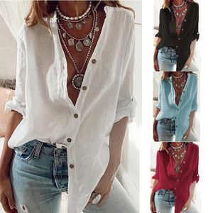 Spring et automne Coton Pure Coton Pullable Sleeve Vneck Vneck Long Top Casual White Shirts For Women 240507