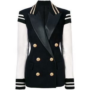 Trajes para mujer Blazers HIGH STREET Moda elegante Varsity Jacket Leather Sleeve Patchwork Lion Buttons 230216