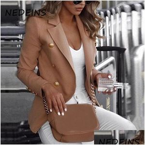 Trajes para mujer Blazers Nedeins Chaqueta de mujer Blazer de doble botonadura Otoño Casual Manga larga Slim Fit Jacketes Color sólido Tallas grandes Coa Dh0Qc