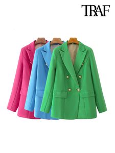 Costumes de femmes Blazers Traf Women Fashion Double Breasted Color Color Blazer Coat Vintage à manches longues Pockets Femme Vêtus chic Extérieur 230817