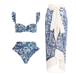 Traje de baño para mujer Diseñador 2023 Mujeres Sexy Azul y blanco Impresión de porcelana Bikini Conjunto Falda Cubrir Traje de baño de encaje Ropa de playa Biquini